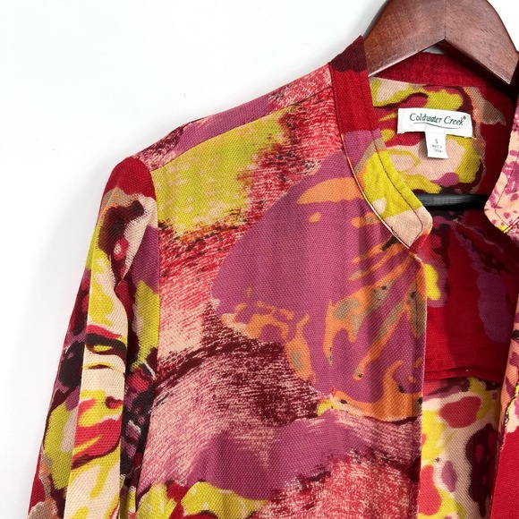 Coldwater Creek SILK WOOL Blend Sz Small Red Pink Green Open Blouse Shirt Top - Picture 3 of 9